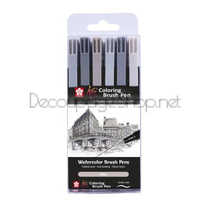 Акварелни Маркери Четка : Sakura Koi : 6 Цвята : Сиви