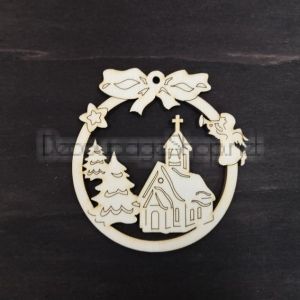 Коледна дървена играчка - Коледна топка с църква ф-10см - KT82