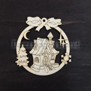 Коледна играчка - Коледна топка с къщичка и луна - ф10см - KT84