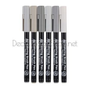 Акварелни Маркери Четка : Sakura Koi : 6 Цвята : Сиви